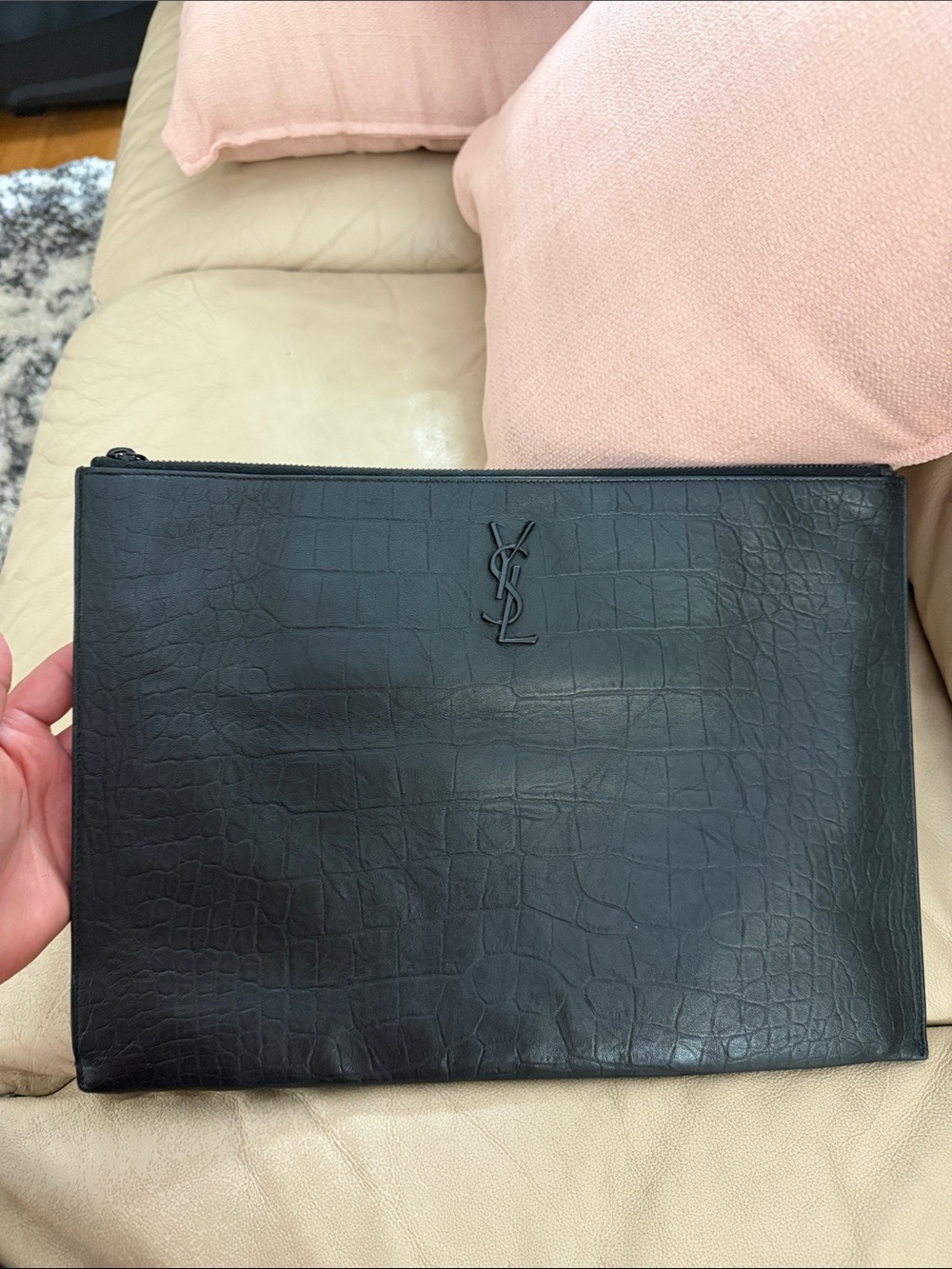 Saint Laurent Black Croc-Embossed Leather Zip Pouch Clutch - Picture 9 of 9